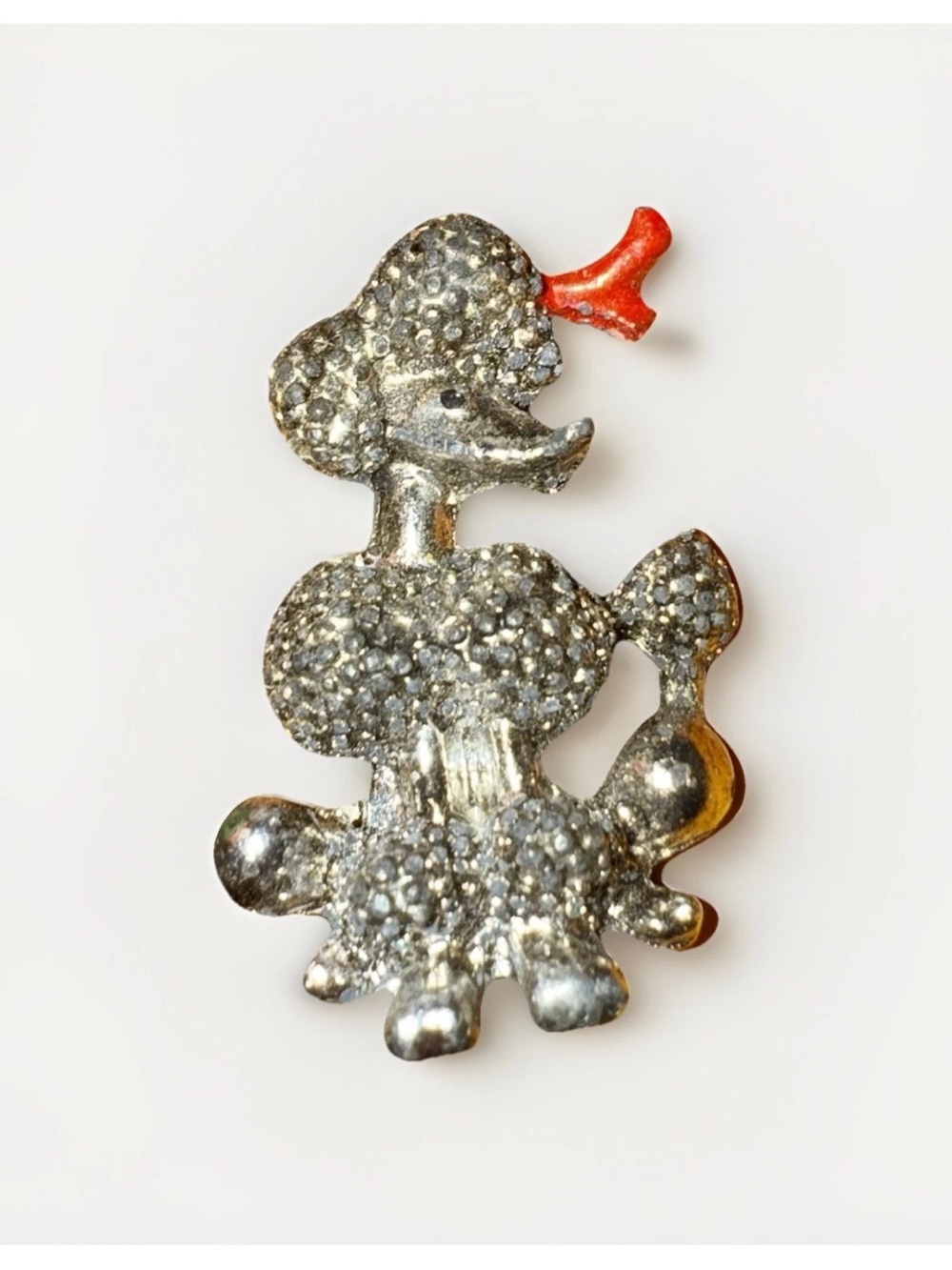 Silver Poodle Brooch with Red Accent - Women's Jewelry